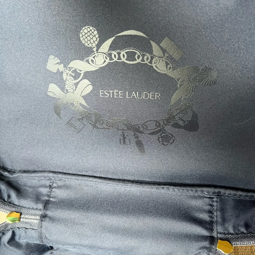 Estée Lauder Navy Train Case Gold Hardware Structured Large Makeup Vanity Box